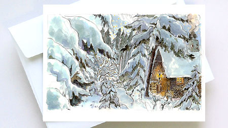 Picture: Art card &laquo;Winter forest with deer and rabbit&raquo;
